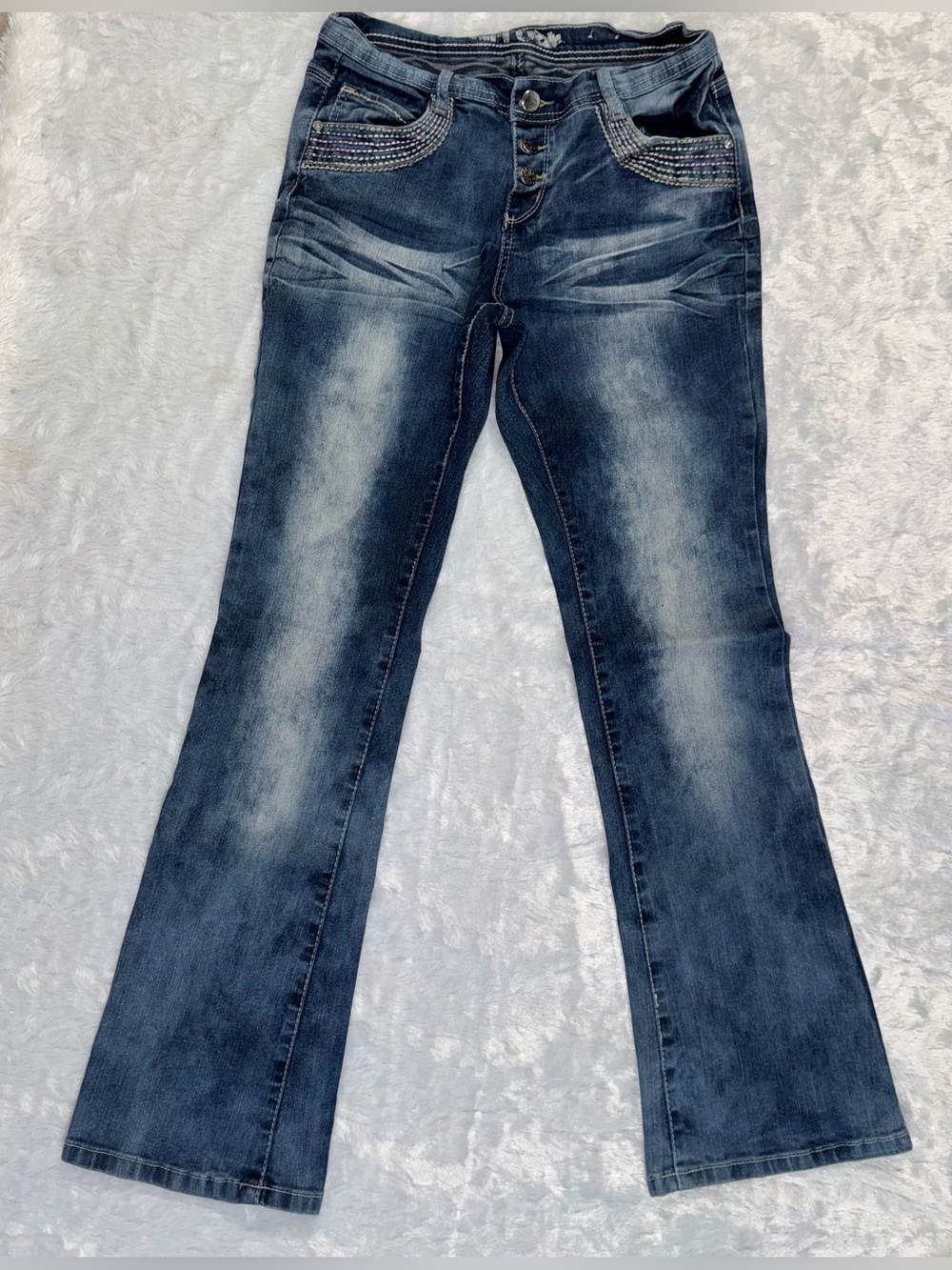 Y2K Uproar Dark Blue Embellished Flare Jeans for Women
